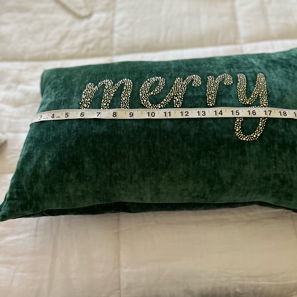 Festive Green Velvet Pillow with Rhinestone Design
